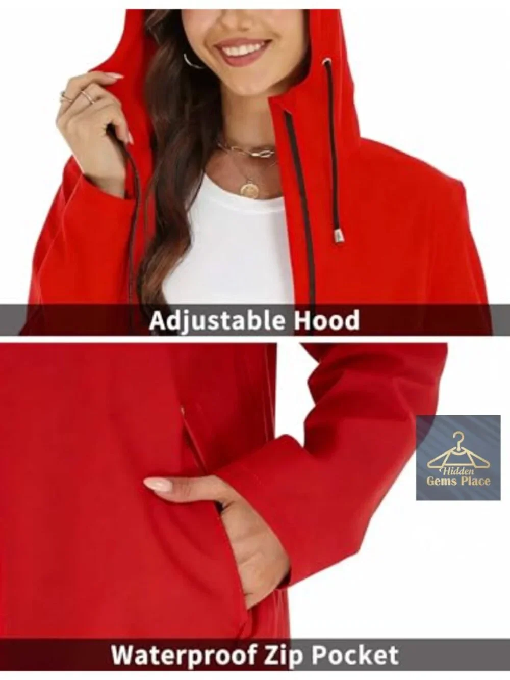 Women's Waterproof Long Raincoat PU Windbreaker Hooded Jacket